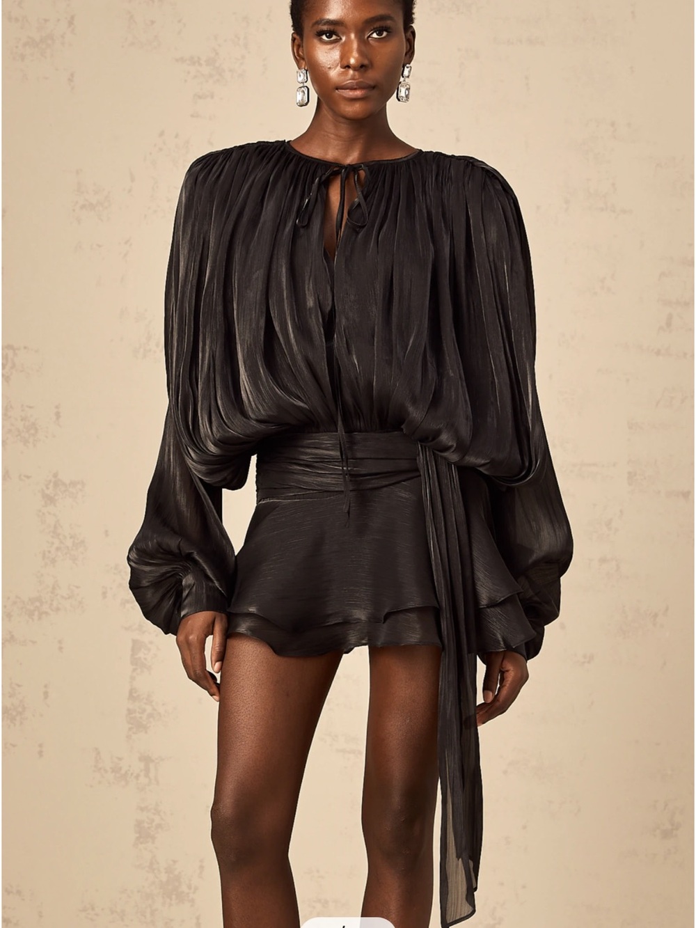 Black Pleated Mini Dress with Tie Waist